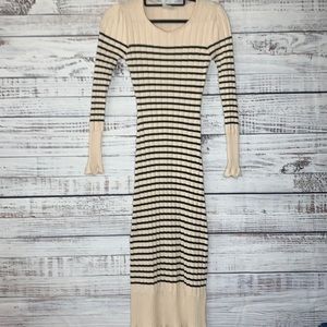 EMBERLEY Off White and Black Striped Rib Knit Sweater Dress